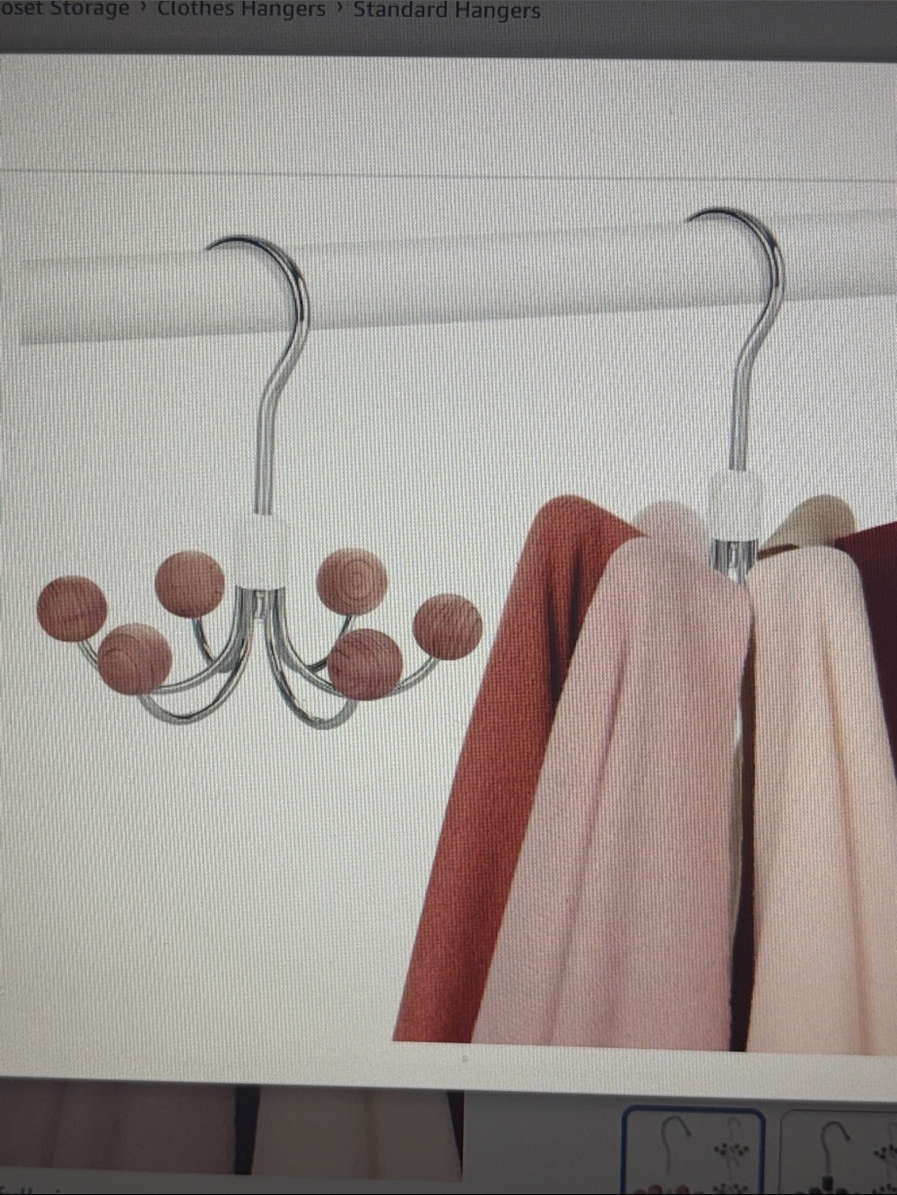 Chrome multi-hook hanger with round cedar wooden knob ends. - Picture 4 of 5